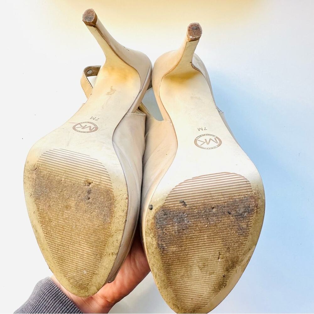 MICHAEL KORS Nude Beige Tan Leather Peep Toe Slingback 5” Heel Pumps Shoes 7 - Picture 8 of 16